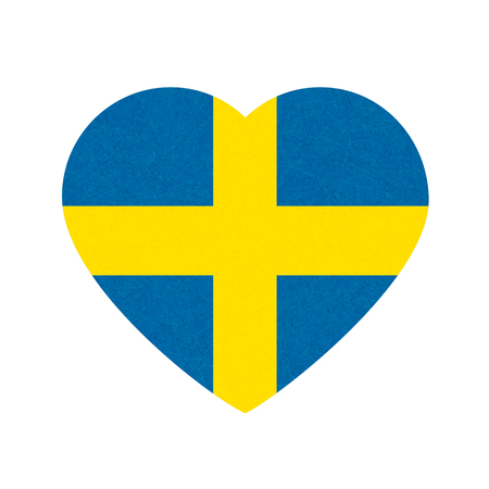 Sweden flag in heart shape, Scandinavian country. Isolated Swedish banner with scratched texture, grunge. Flat style, vector with noise, marble textured background. Square orientation.のイラスト素材