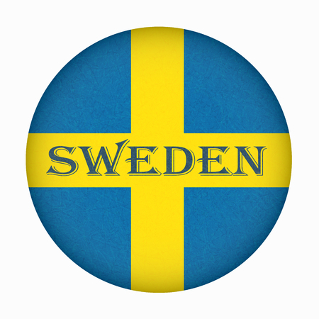 Sweden flag in circle shape, Scandinavian country. Isolated Swedish banner with scratched texture, grunge. Flat style, vector with noise, marble textured background. Square orientation.のイラスト素材