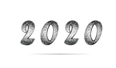 Elegant template of New Year 2020 in black and white tones with glitter. Shiny metal texture. Vector illustration for invitations, posters, promotion leaflet, greeting cards, web design. Isolated.のイラスト素材