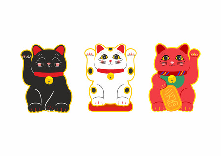 Vector flat style set of Japanese Lucky Cat Maneki Neko. Icon for web. Isolated on white background.のイラスト素材