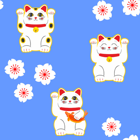 Maneki-neko cat. Seamless pattern with sitting hand drawn lucky cats. Japanese culture. Doodle drawing. Vector illustrationのイラスト素材