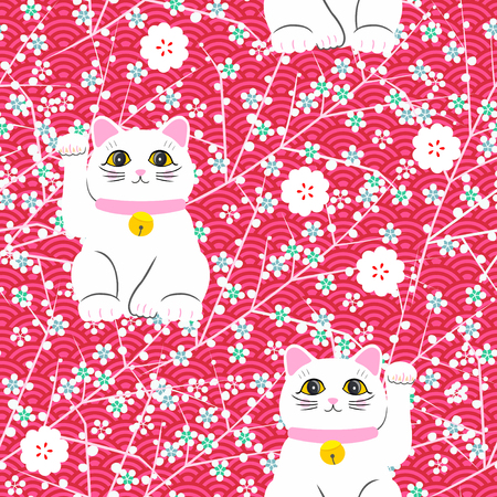 Maneki-neko cat. Seamless pattern with sitting hand drawn lucky cats. Japanese culture. Doodle drawing. Vector illustrationのイラスト素材