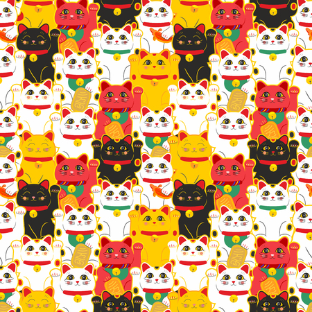 Maneki-neko cat. Seamless pattern with sitting hand drawn lucky cats. Japanese culture. Doodle drawing. Vector illustrationのイラスト素材