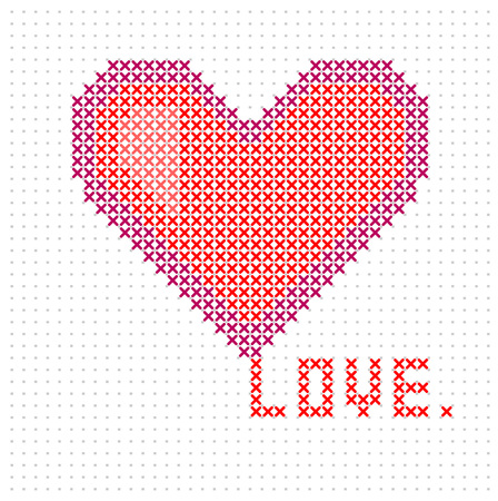Knitted, embroidered heart. Heart Valentines day card. Vector.のイラスト素材