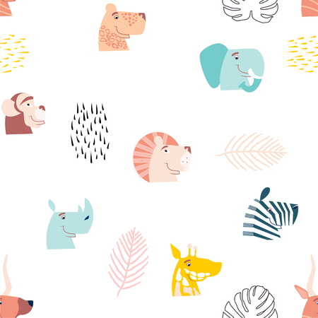 vector seamless pattern in scandinavian style, jungle animalsのイラスト素材