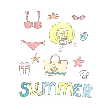 Summer beach set. Drawn by hand. Swimsuit, goggles, shale, bag with anchor hat with a bow, shells, starfish. Vector.のイラスト素材