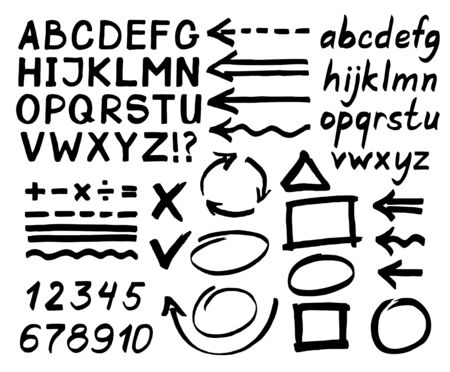 Letters, numbers, arrows, mathematical symbols, lines, written in black marker. Vector.のイラスト素材