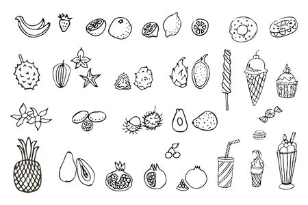 Set of exotic fruits. Doodle, sketch, hand drawing. Vector.のイラスト素材
