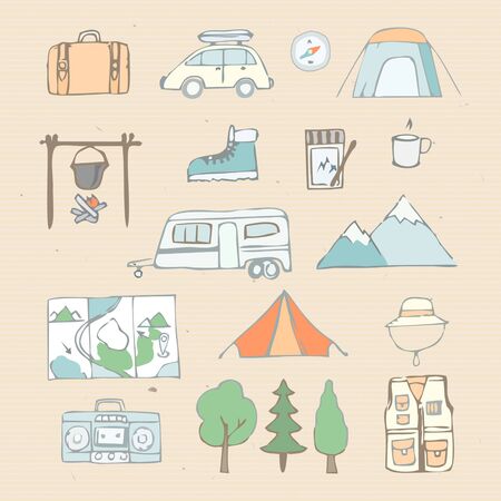 Camping, adventure, travel. Background set of objects. Drawn by hand. Vector.のイラスト素材