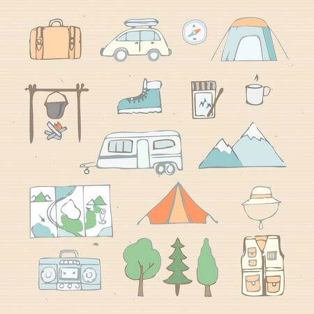 Camping, adventure, travel. Background set of objects. Drawn by hand. Vector.