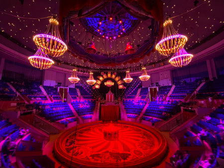 The auditorium of the theater is decorated with multi-colored lights.の写真素材