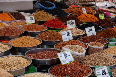 Dried fruits and nuts for sale at a market in Istanbul, Turkeyの写真素材