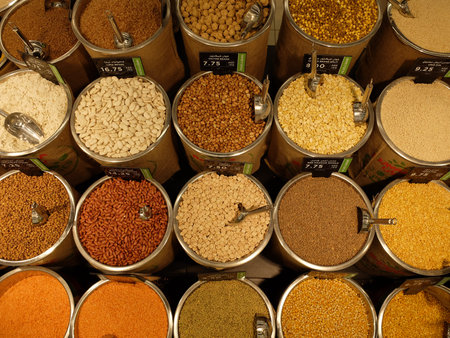 Assortment of grains and cereals in a spice shop in Italy