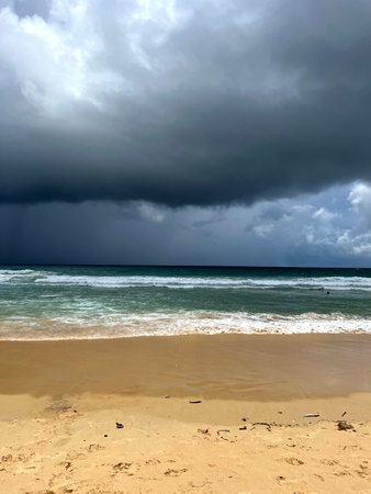 Tropical beach under stormy sky, Seychellesの写真素材