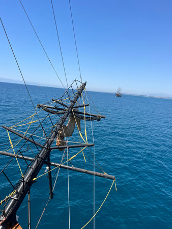 Masts of a sailing ship in the Aegean Sea, Turkey