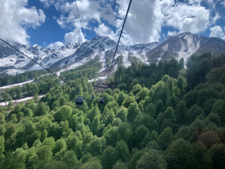 Cable car in the Dolomites mountains, Italy. Caucasusの写真素材