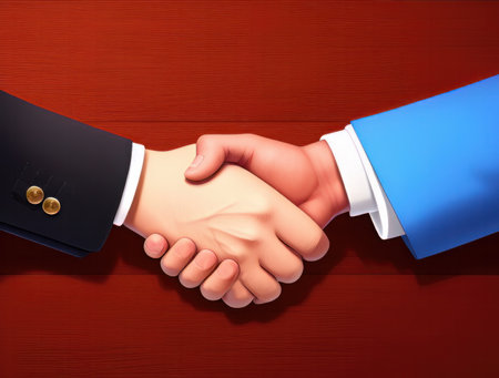 Handshake between two businessmen on red wooden background. 3D renderingの素材