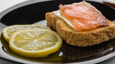 Butter sandwich, salted salmon and lemonの写真素材