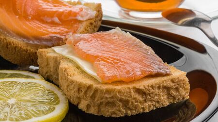 Butter sandwich, salted salmon and lemonの写真素材