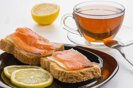 Butter sandwich, salted salmon and lemonの写真素材