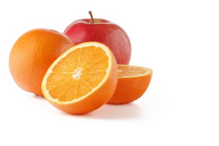 An orange and an Apple cut in half on a white background.の写真素材