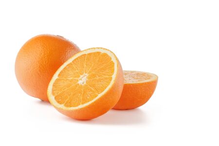 Orange cut in half on a white background.の写真素材