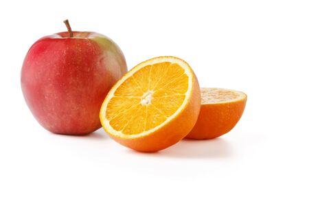 An orange and an Apple cut in half on a white background.の写真素材