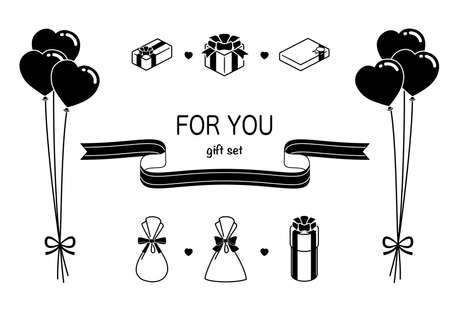 Illustrations, black-and-white gift box + heart-shaped balloonsのイラスト素材