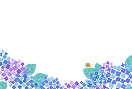 Hydrangea with rain and snails, framed, simple, postcard size, horizontal position.のイラスト素材