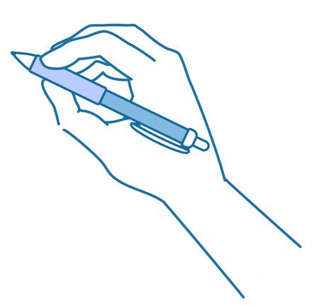 Illustration of a hand holding a pen, top side, line drawing, blue.のイラスト素材