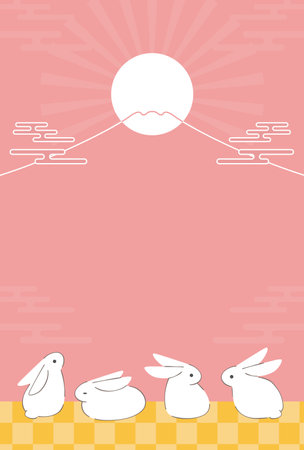 Rabbit and Mt Fuji New Year's card - Year of the Rabbit 2023 vertical position non text f003-003-01_hのイラスト素材