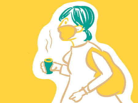 a woman wearing a mask walking with take-out coffee and eco-backsの写真素材