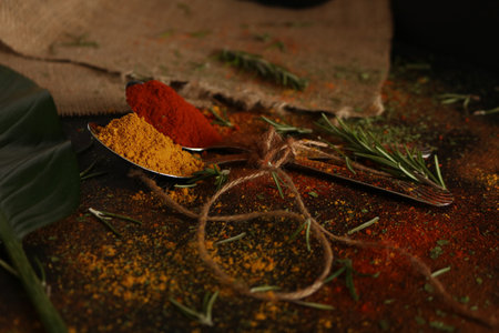 A mix of fresh spices and herbs, essential in Indian cuisineの写真素材