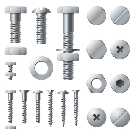 Metal screws. Bolt screw nut rivet head steel construction elements. Grey realistic bolts isolated vector setのイラスト素材