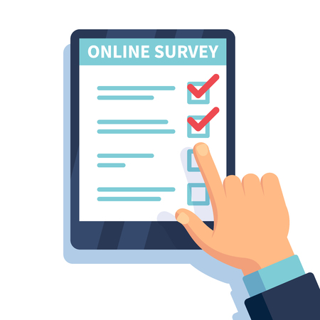 Online survey. Internet surveying, hands holding tablet with test form. Mobile questionnaire, customers voting vector conceptのイラスト素材