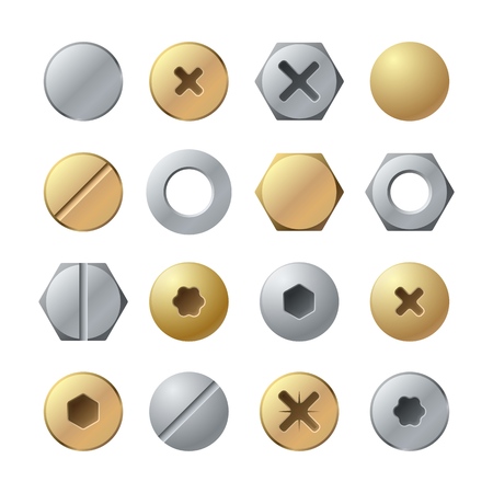 Bolt heads. Metal head pin nail rivet, brass screw. Industrial top view steel fasteners, repair screws vector isolated setのイラスト素材