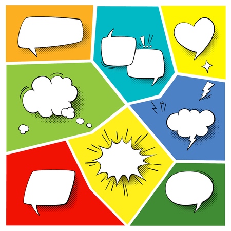 Speech popart elements. Comic cartoon shapes for dialogs thinking and talking on varicoloured backgroundsのイラスト素材