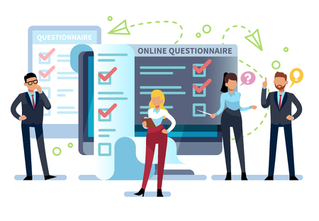 Online questionnaire. People fill out internet survey form on pc. Exam list, successful computer testing, quiz vector conceptのイラスト素材