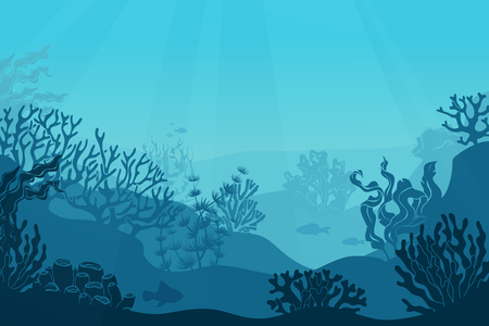 Underwater seascape. Seafloor, undersea with seaweed. Dark saltwater with corals silhouettes. Ocean reef bottom vector backgroundのイラスト素材