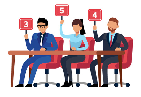 Jury judges holding scorecards. Quiz people show. Professional competition judges, trivia game jury vector cartoon illustrationのイラスト素材