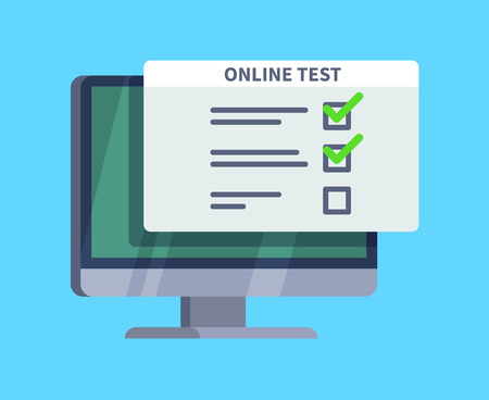 Online test. Questionnaire survey form on pc screen. Exam list, computer testing and online quiz vector illustration conceptのイラスト素材