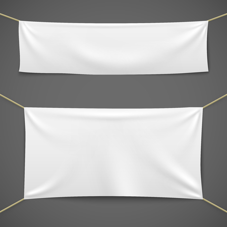 White textile banners. Blank fabric flag hanging canvas sale ribbon horizontal template advertising cloth vector banner setのイラスト素材