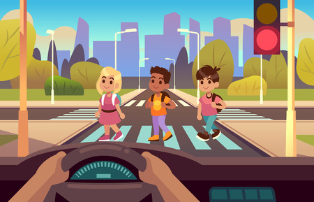 Car inside crosswalk. Drivers hands on wheel panel, kids crossing street pedestrian motion, stop, light warning, urban carton illustrationのイラスト素材