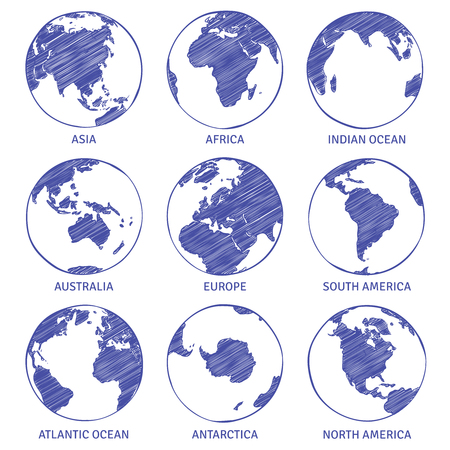 Globe sketch. Map world hand drawn globe, earth circle concept continents contour planet oceans land sketches, vector setのイラスト素材