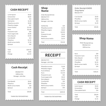 Receipts printed bills. Checks receipt print bill amount buy choice paper check cost cash retail pay price purchase document setのイラスト素材