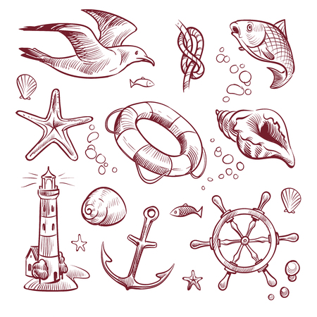 Sketch marine set. Sea ocean voyage lighthouse seagull starfish anchor steering wheel fish. Navy nautical hand drawn vector setのイラスト素材