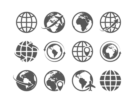 Globe icons set. World earth globe map internet global commerce tourism vector symbols setのイラスト素材