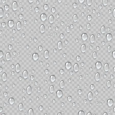 Water drops seamless pattern. Rain droplets on window fogged glass. Fresh drop raindrops. Condensation watering isolated vector textureのイラスト素材