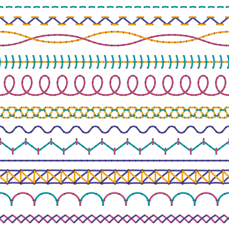 Embroidery stitches. Fashion fabric stitch sew edges sewing zigzag thread, seam cross stitching color seamless stitched vector setのイラスト素材