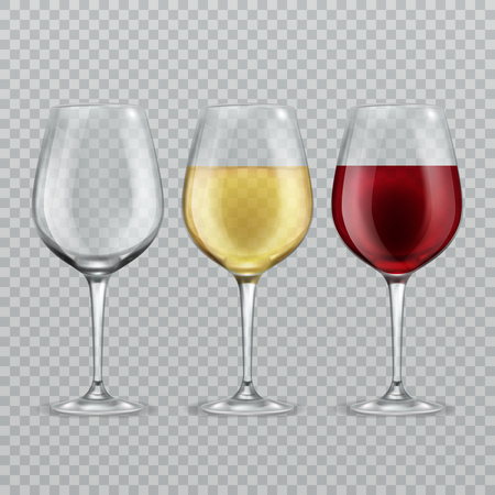 Wineglass. Empty with red and white wine in transparant wineglasses isolated glassware vector setのイラスト素材